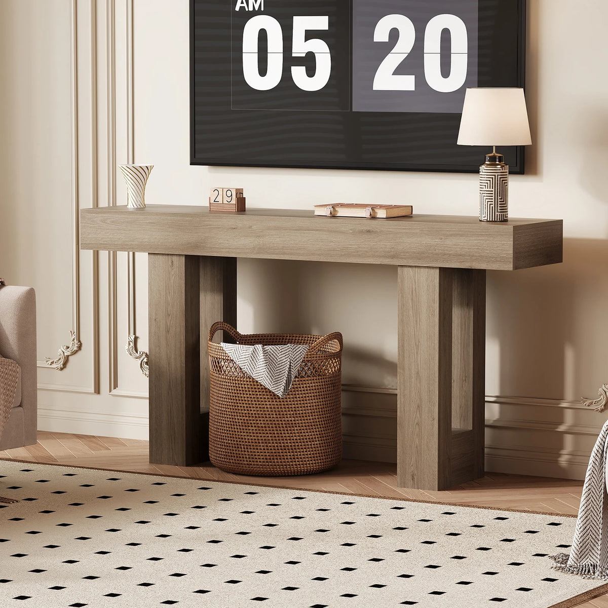 Farmhouse console table with built-in power outlet