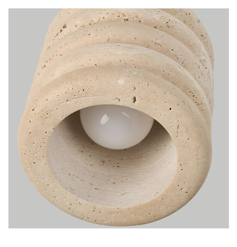 Wabi-Sabi Travertine Ceiling Lamp — Natural Stone & Wood Fixture