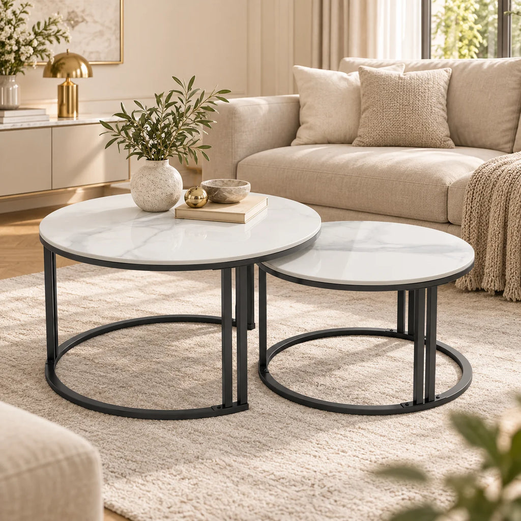Nesting Coffee Table Set of 2 — 27.5" Round Stone-Top