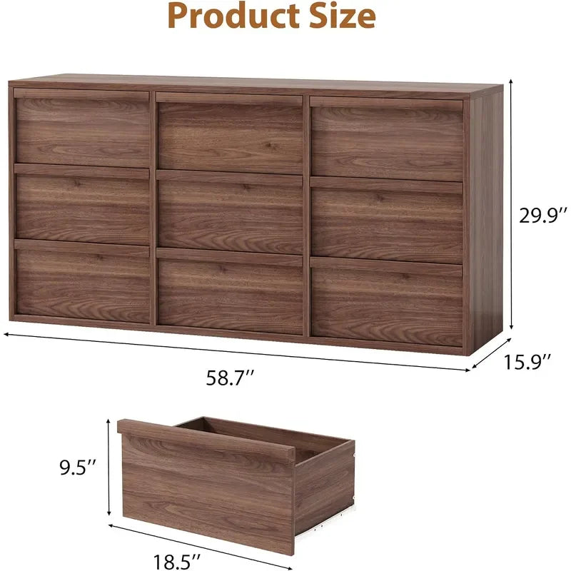 Nine-drawer wide dresser for bedroom storage
