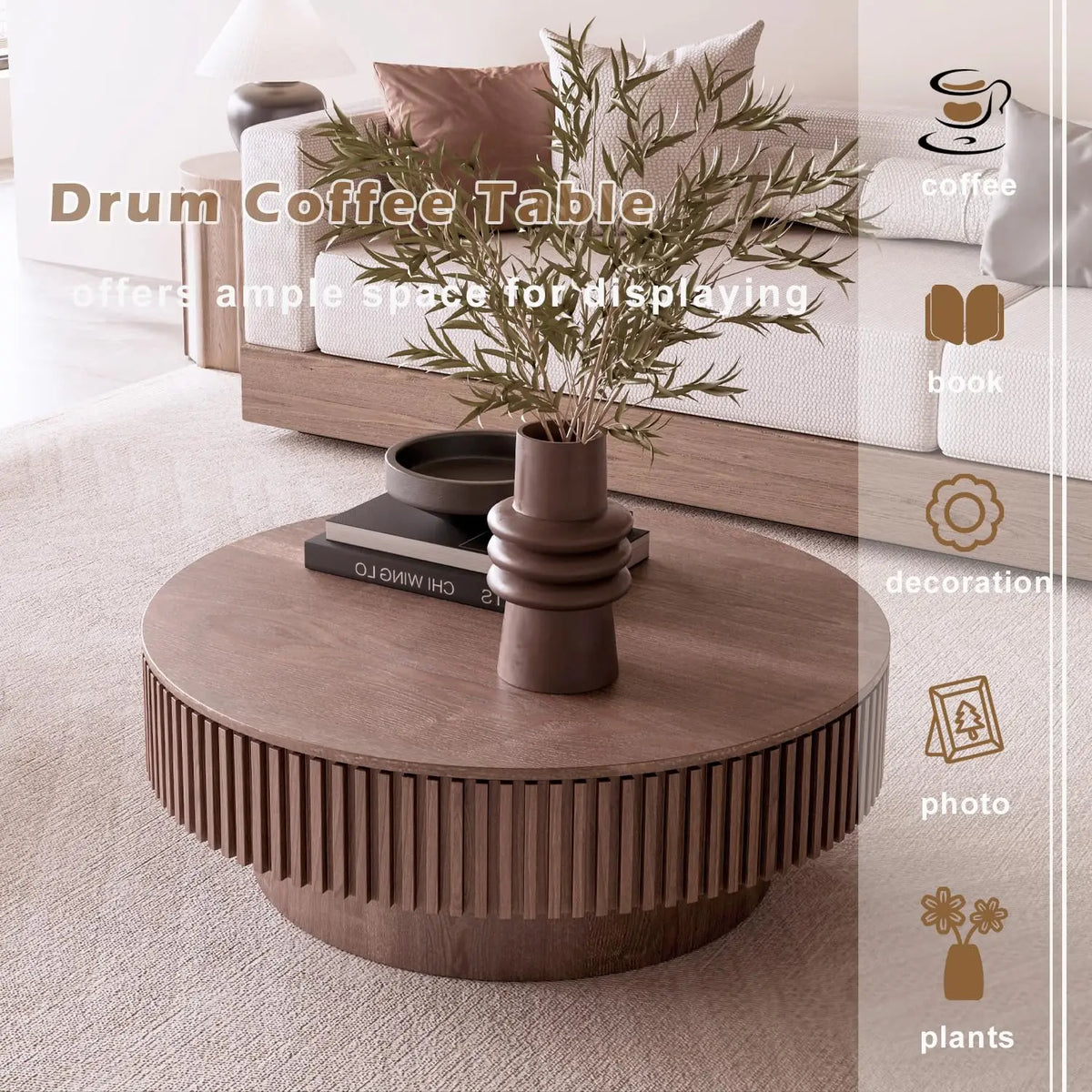 Round Storage Coffee Table - Modern Walnut