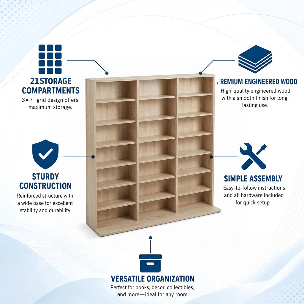 Seven-tier media storage tower with adjustable compartments