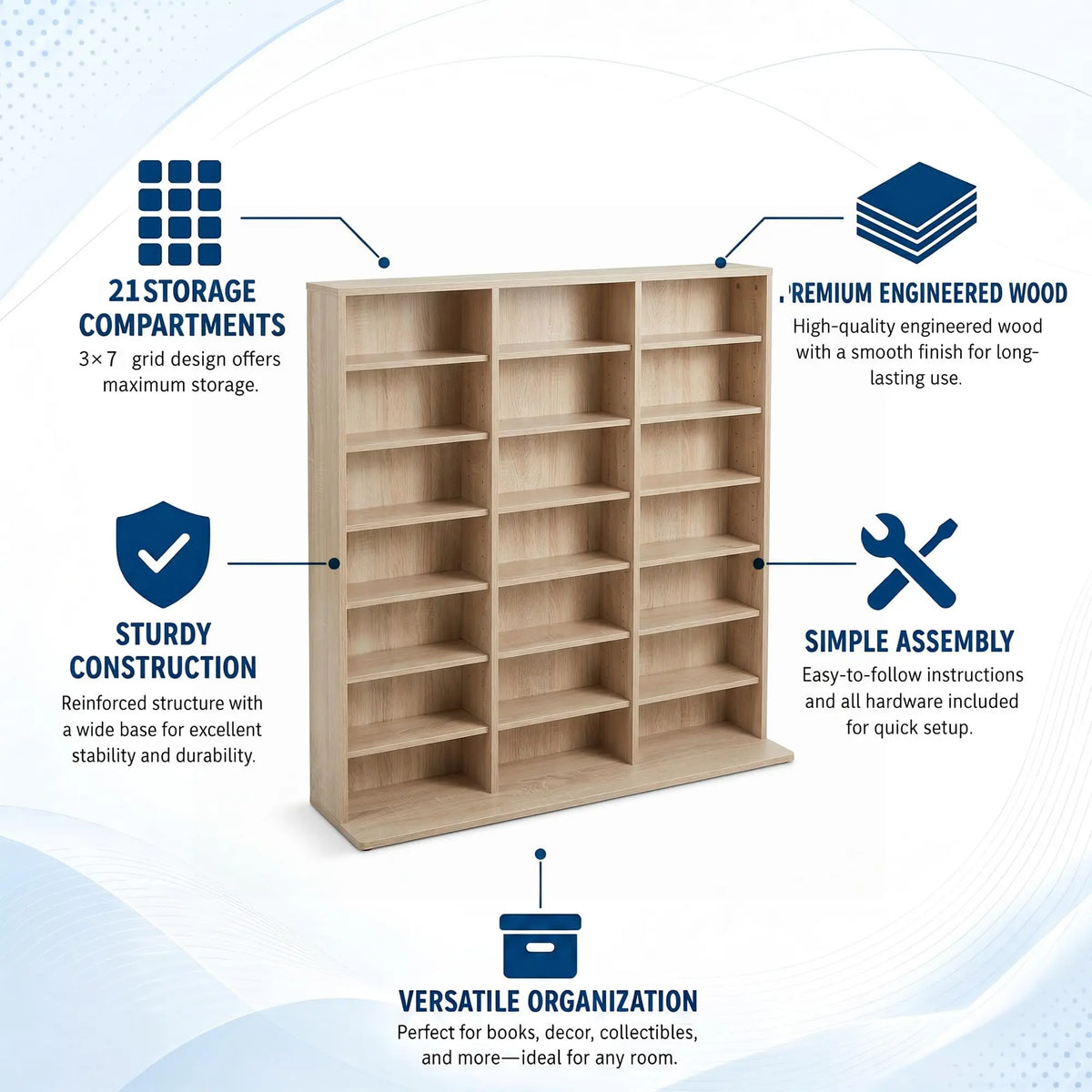 Seven-tier media storage tower with adjustable compartments