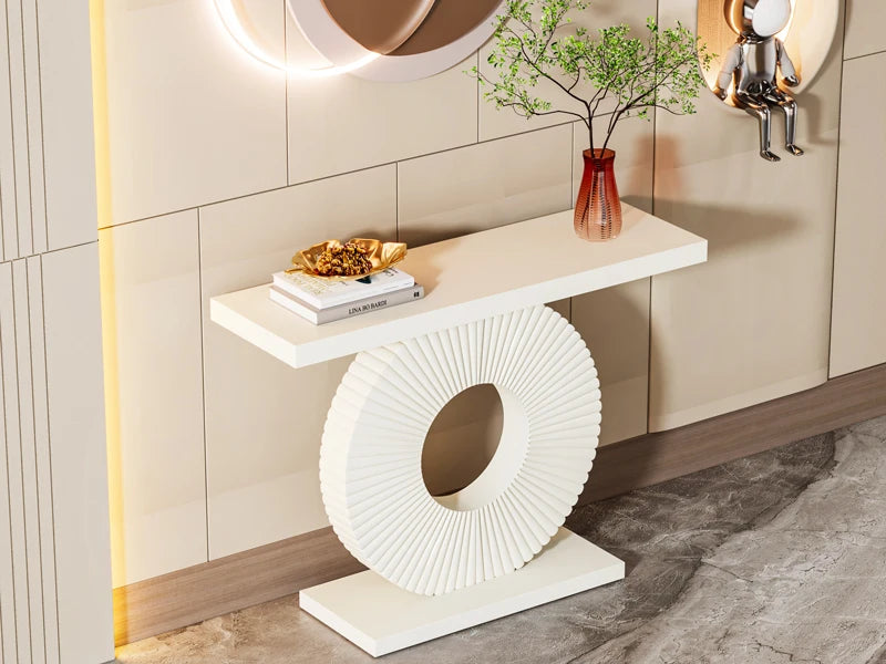 Wood console table with geometric base — design detail view