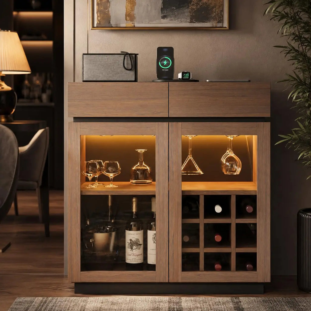 Walnut 2-in-1 Coffee Bar & Wine Cabinet with LED Light
