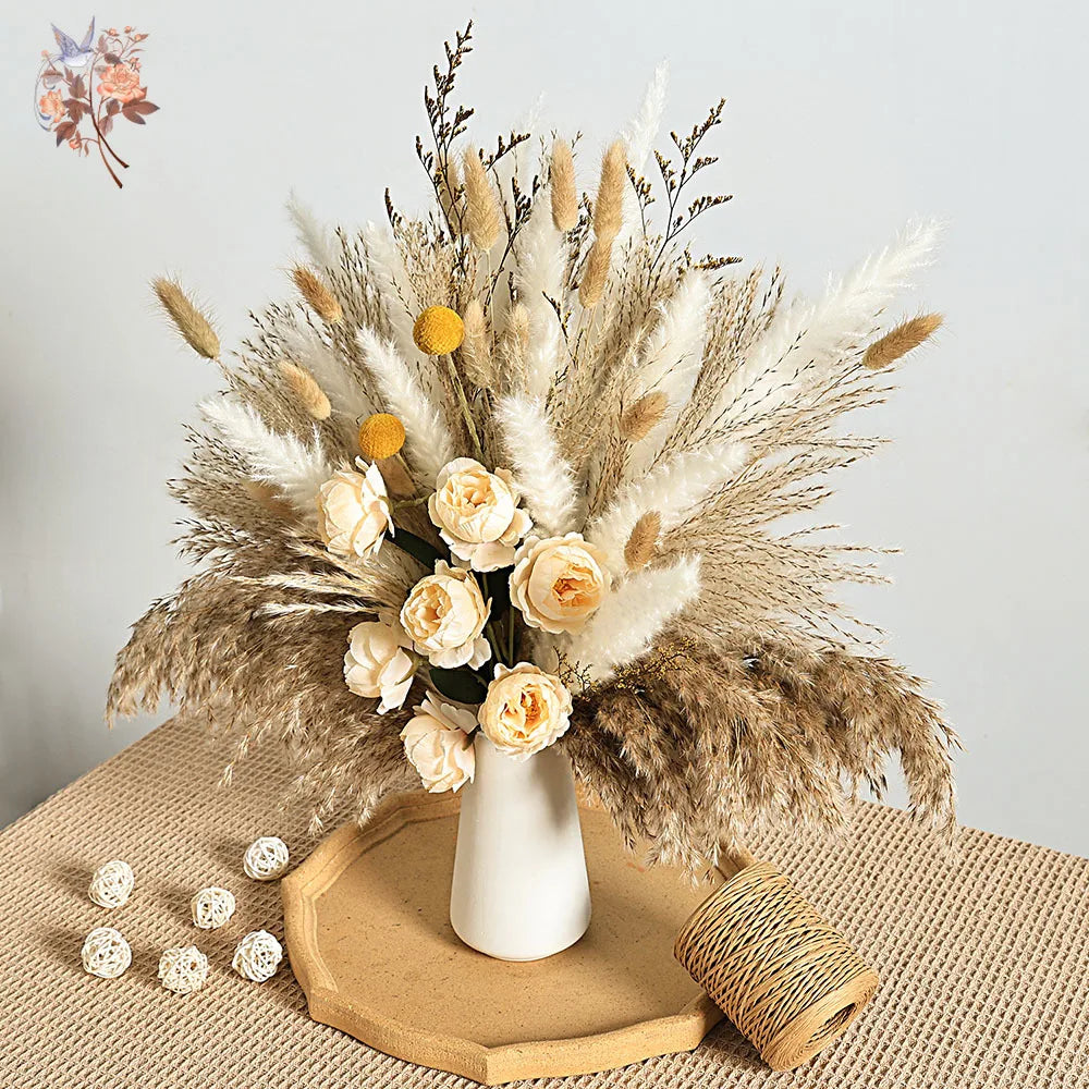 Faux Peony & Pampas Mix Bouquet — Dried-Look Boho Centerpiece