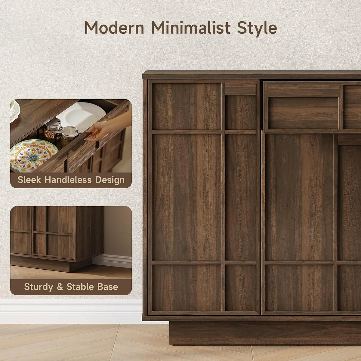ONBRILL 55" Walnut Sideboard Buffet Cabinet with LED Lights