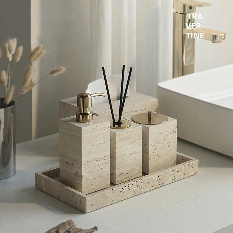 Travertine Bathroom Accessory Set — Soap, Tray & Tissue Box