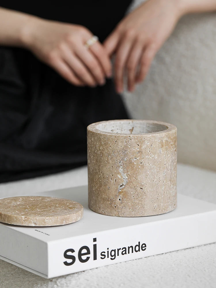 Travertine Cotton Swab Holder — Round Marble Jar, 3.5"