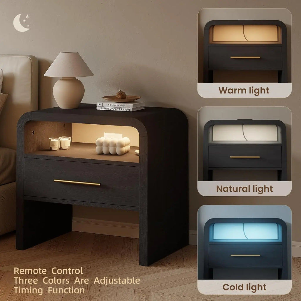 Curved Nightstand Set of 2 with Charging Station, 24"