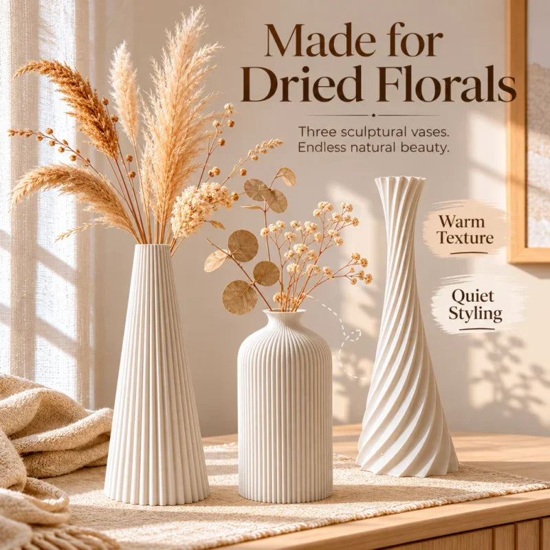 Ribbed Wabi-Sabi 3-Piece Vase Set — Matte Off-White