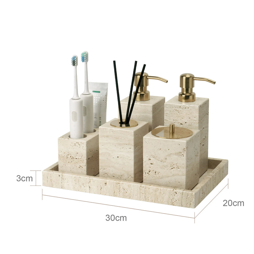 Travertine Bathroom Accessory Set — Soap, Tray & Tissue Box
