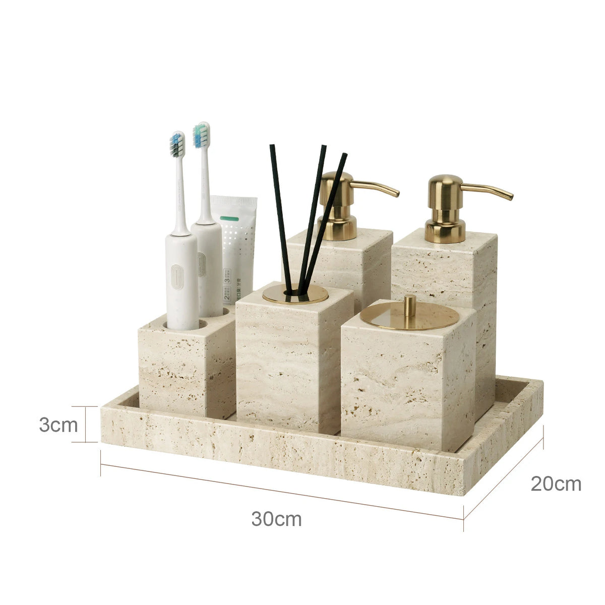 Travertine Bathroom Accessory Set — Soap, Tray & Tissue Box