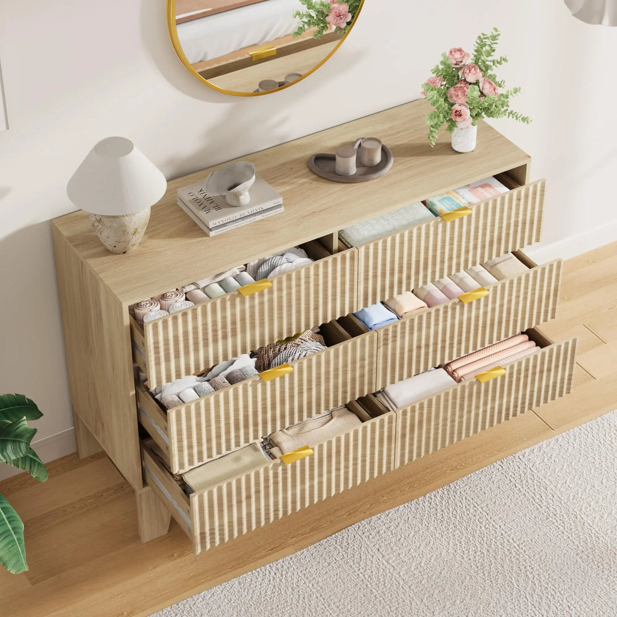Modern Fluted 6-Drawer Dresser — 47" Wide Oak Chest