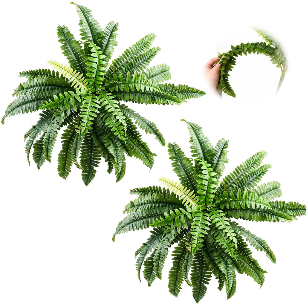 2 Pack Artificial Boston Fern, 39 Fronds UV Resistant Fake Fern Plant, Faux Greenery for Front Porch Patio Indoor Outdoor Home Garden Decor-Pot Not Included — alternate view