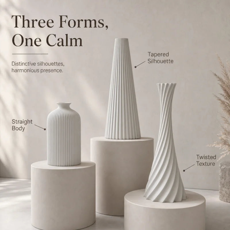 Ribbed Wabi-Sabi 3-Piece Vase Set — Matte Off-White