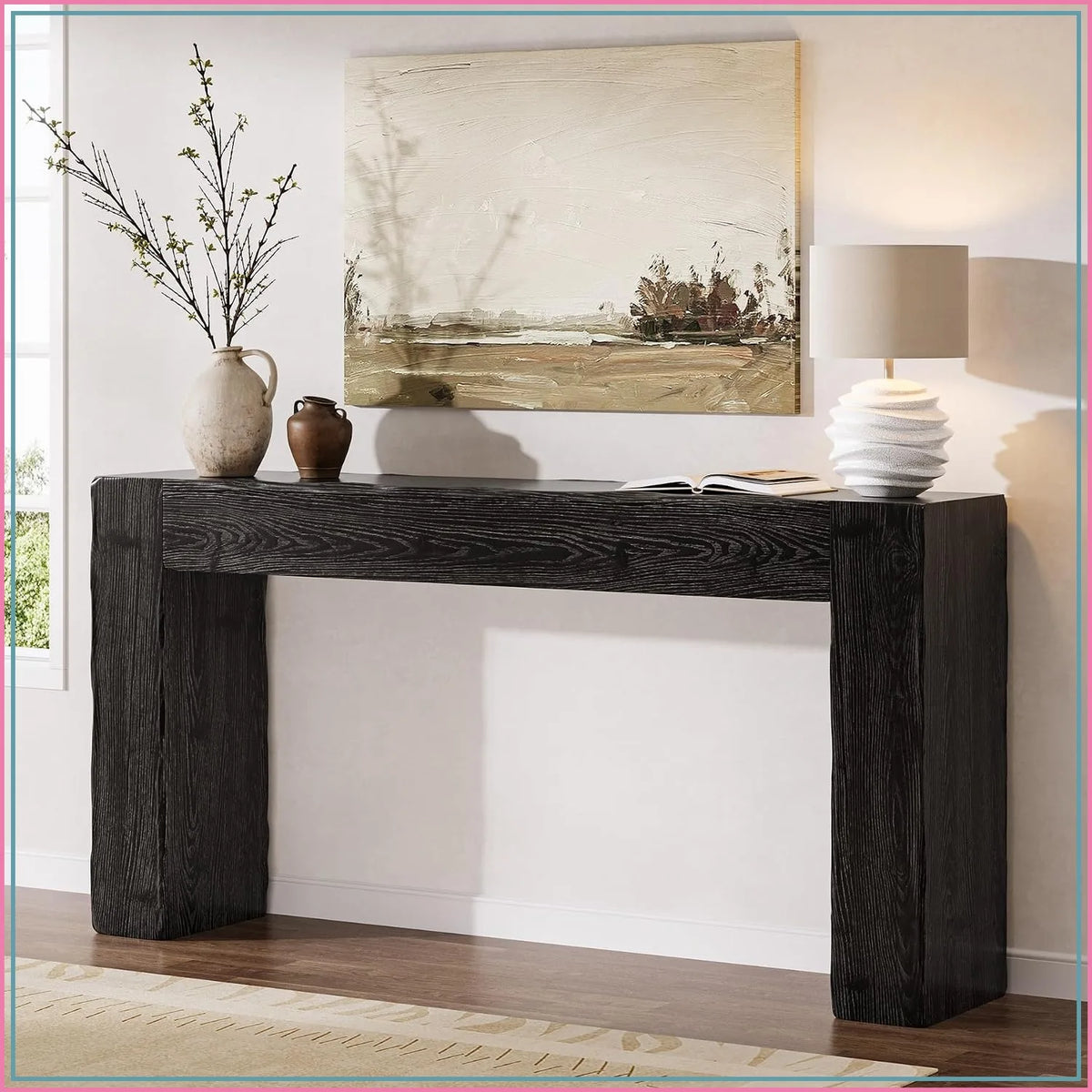 Solid wood console table in black farmhouse silhouette