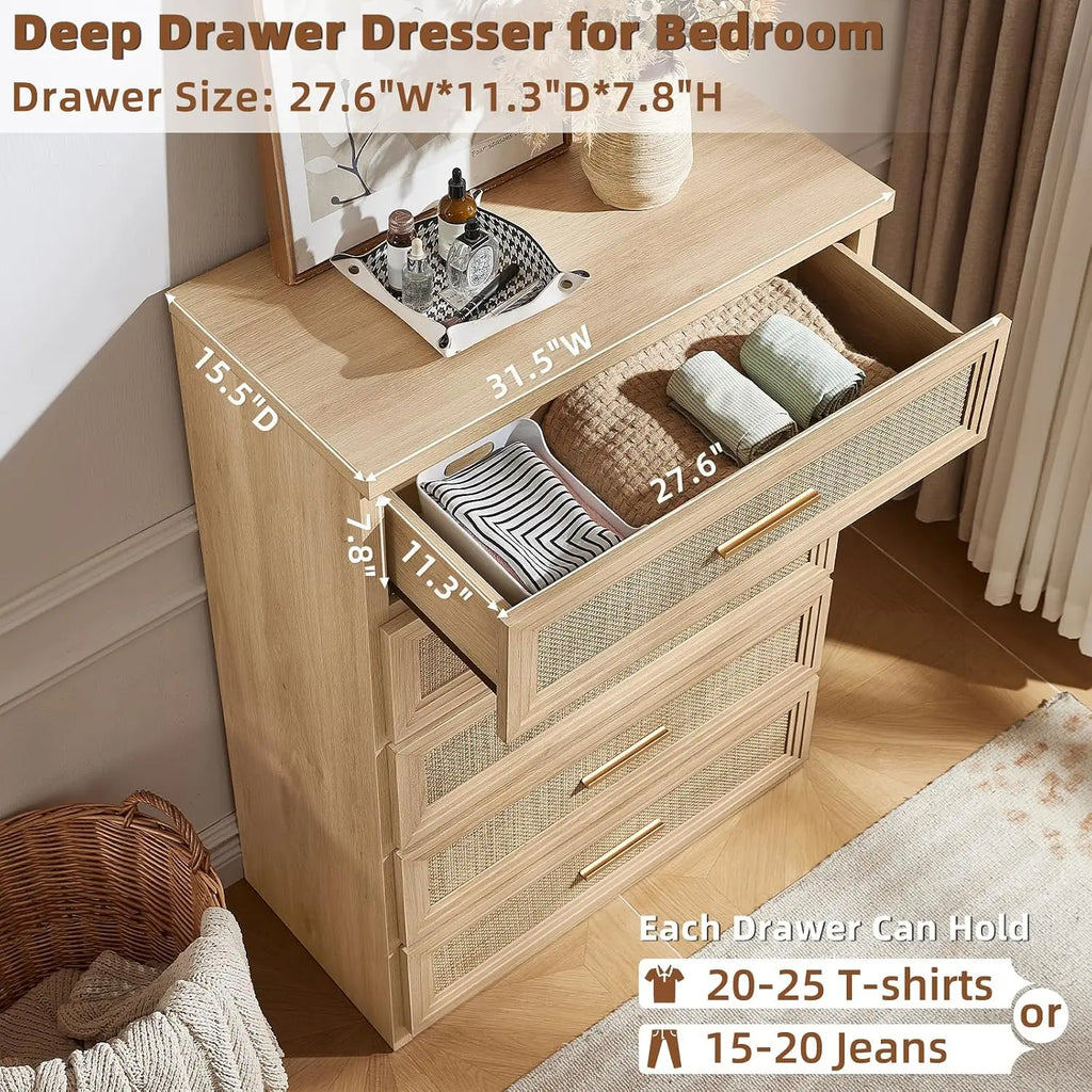 Rattan 5-Drawer Dresser — 45" Tall with Gold Handles
