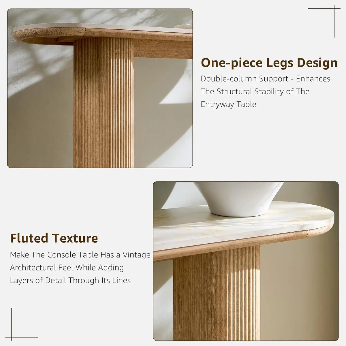 Fluted narrow console table for entryway in wood finish