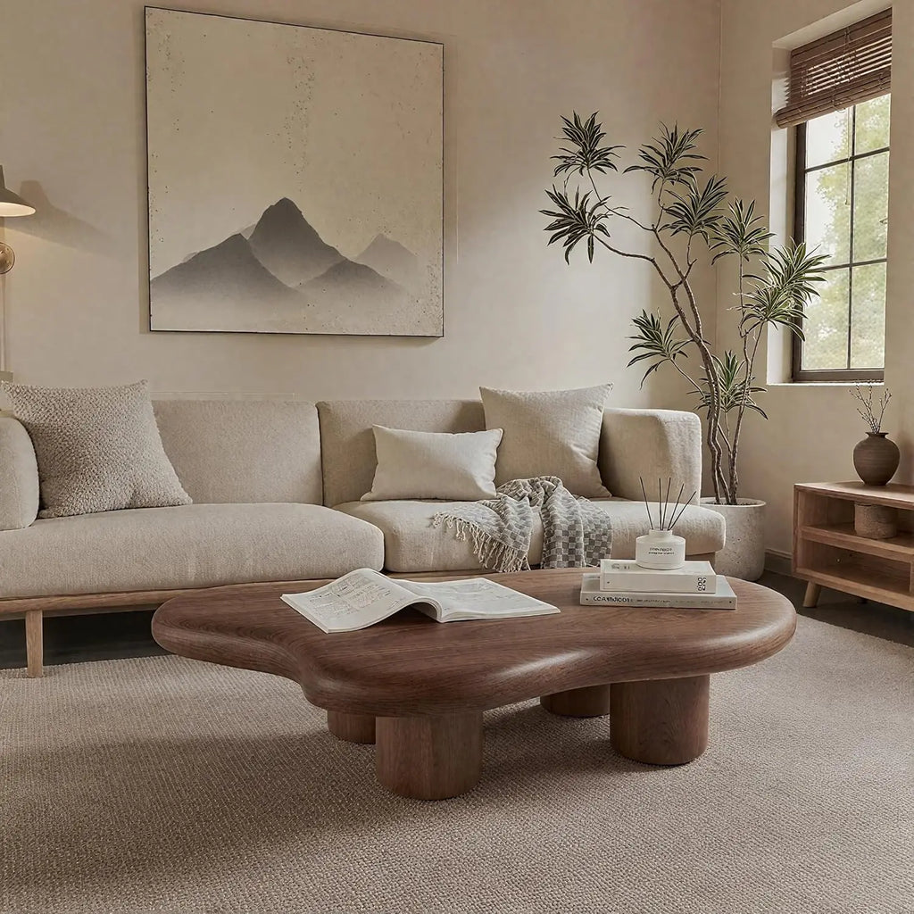 Modern cloud-shaped coffee table with drum legs in solid wood