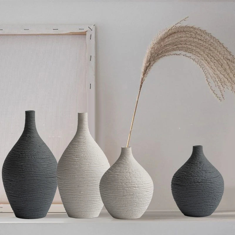 Narrow-Mouth Nordic Ceramic Vase — Beige & Grey