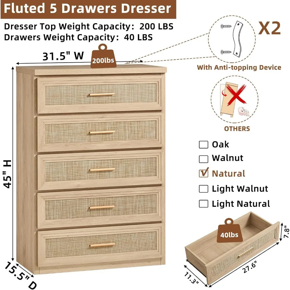 Rattan 5-Drawer Dresser — 45" Tall with Gold Handles