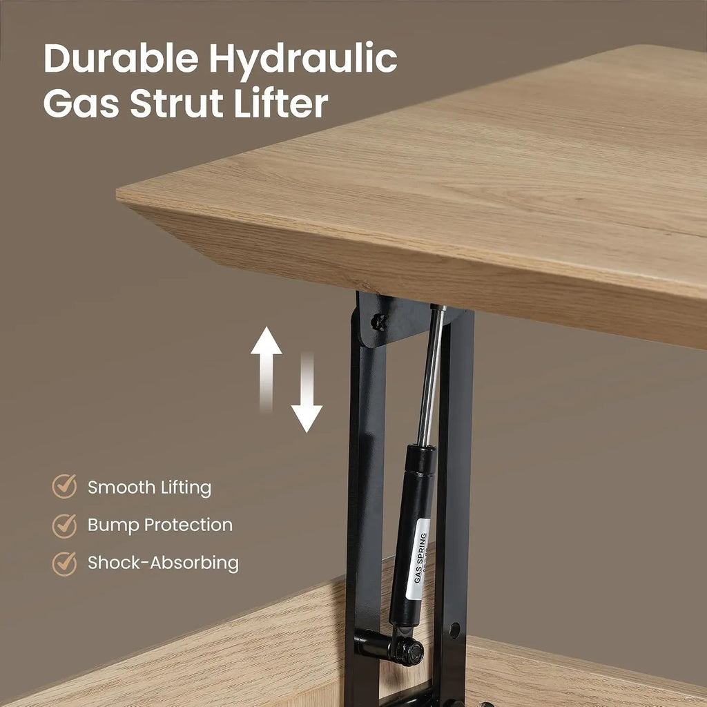 Lift-top storage coffee table with natural wood finish in a living room setting