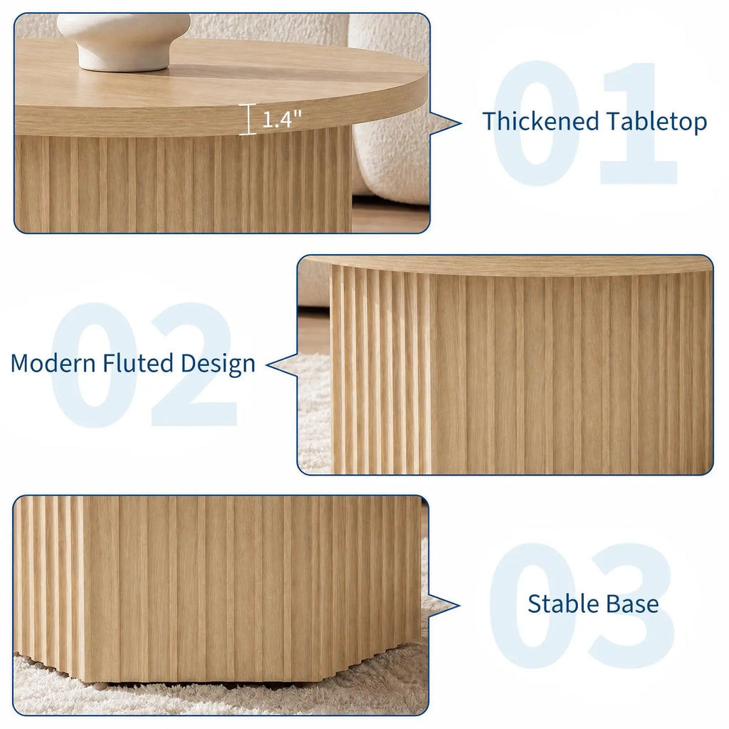 31.5" Round Fluted Drum Coffee Table — Wood Pedestal