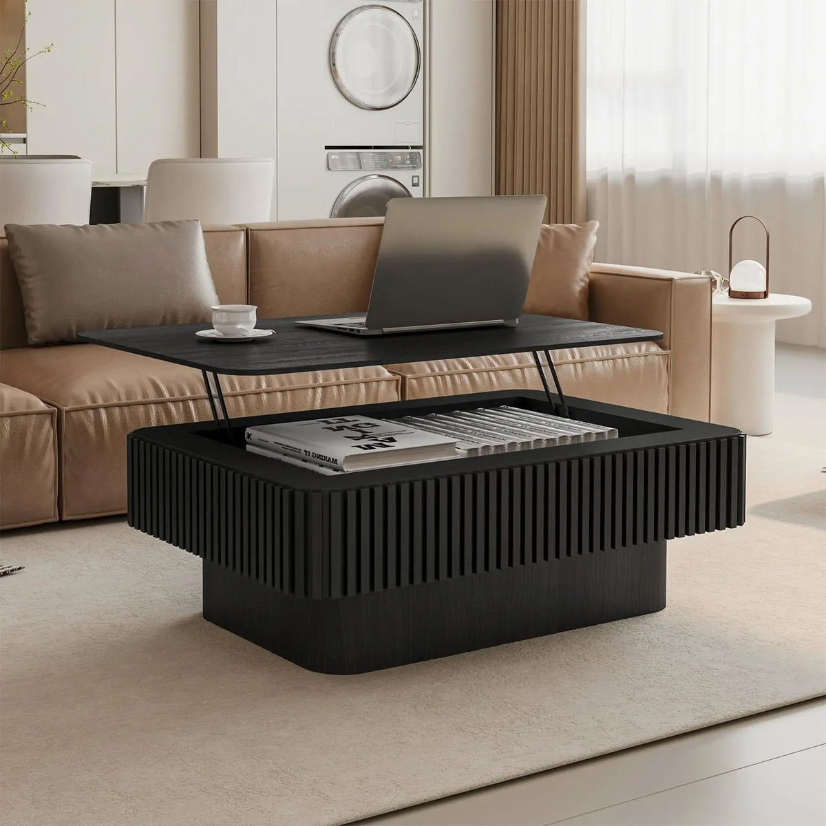 Rectangle Fluted Lift-Top Coffee Table with Storage