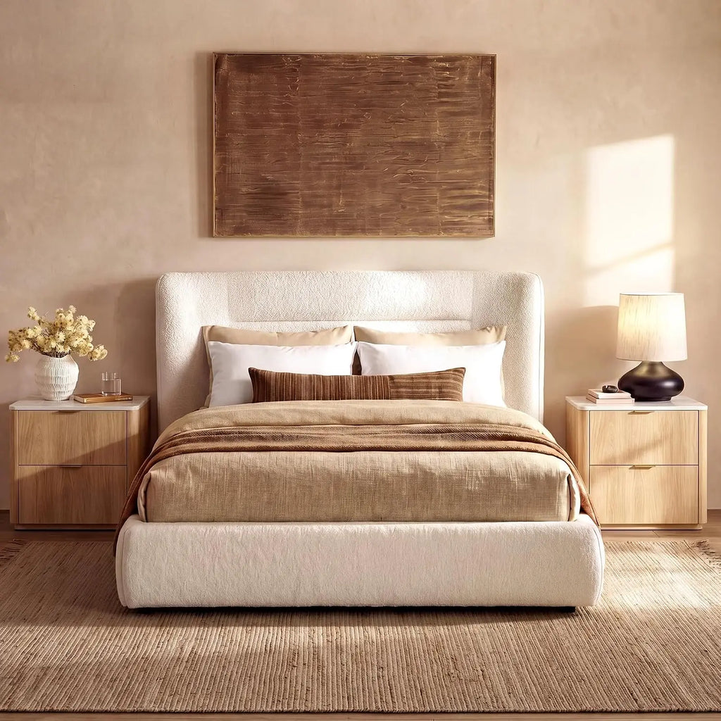 Wingback upholstered platform bed in queen size