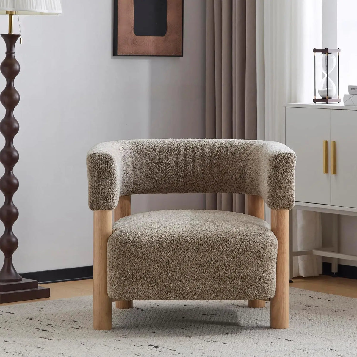 Light Camel Low-Profile Accent Chair — Boucle Reading Chair