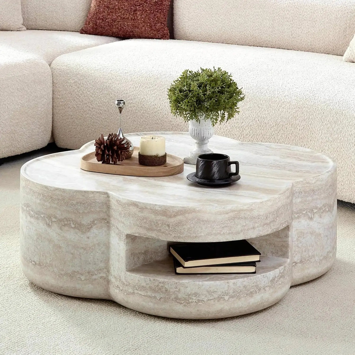 35.43" Square Faux Marble Travertine Coffee Table