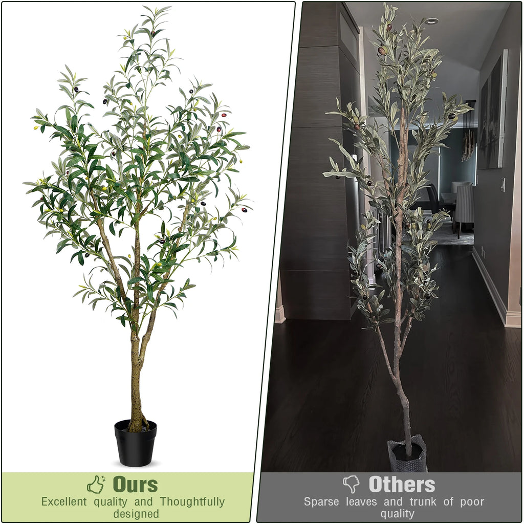 5/6/7/8 Olive Trees Artificial Indoor Faux Olive Tree with Black Pot Silk Fake Plant with Natural Wood Trunk and Lifelike Fruits for Home Office Decor — detail view