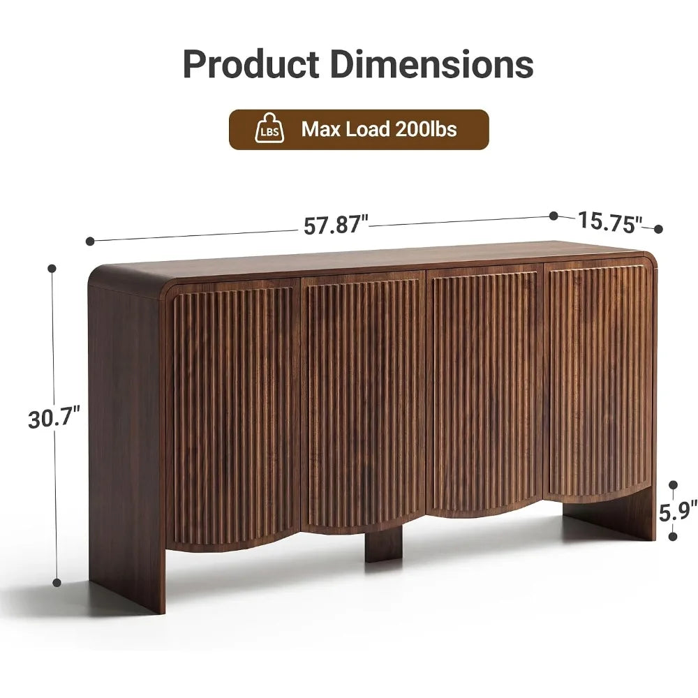 Fluted Sideboard Buffet Cabinet — 58" Curved Storage Cabinet