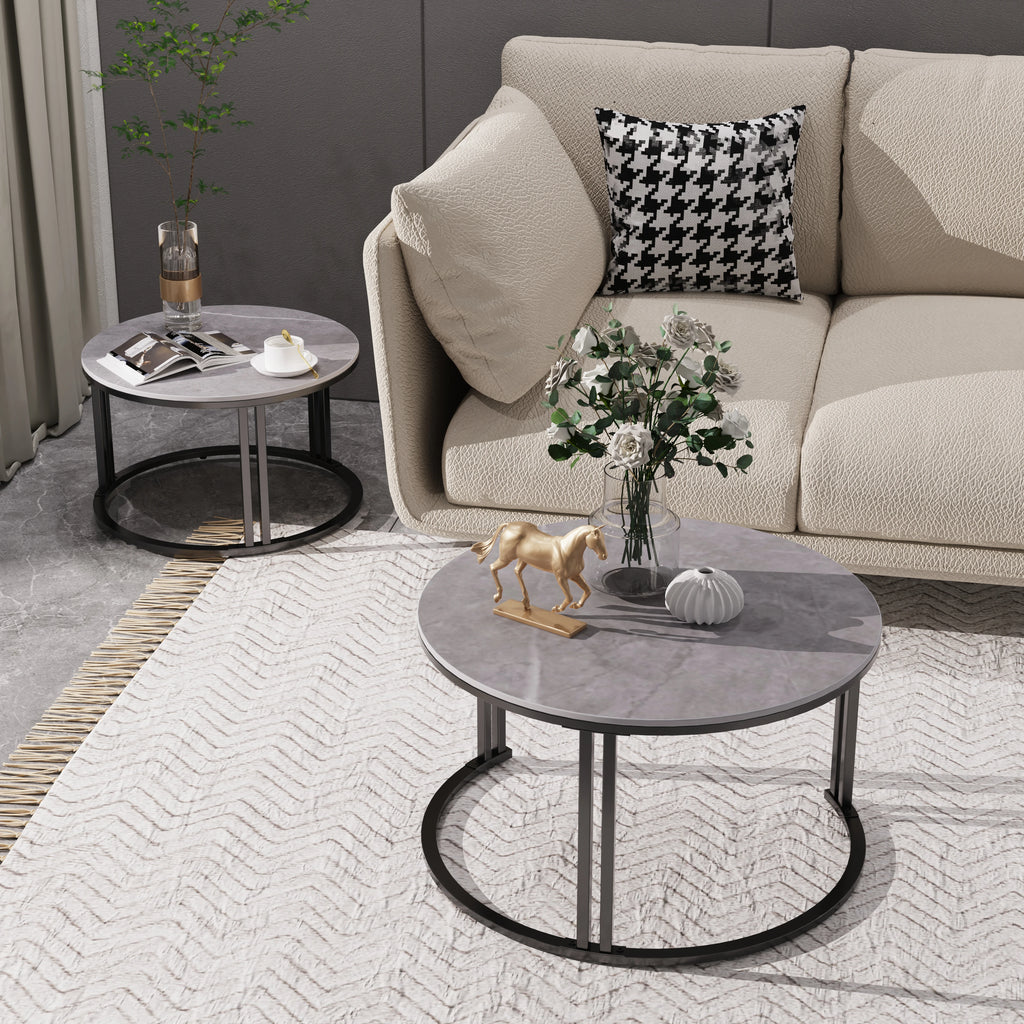 Nesting Coffee Table Set of 2 — 27.5" Round Stone-Top