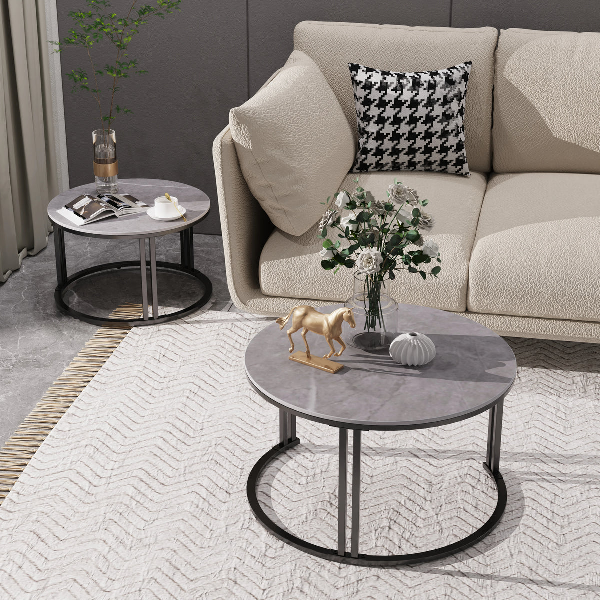 Nesting Coffee Table Set of 2 — 27.5" Round Stone-Top