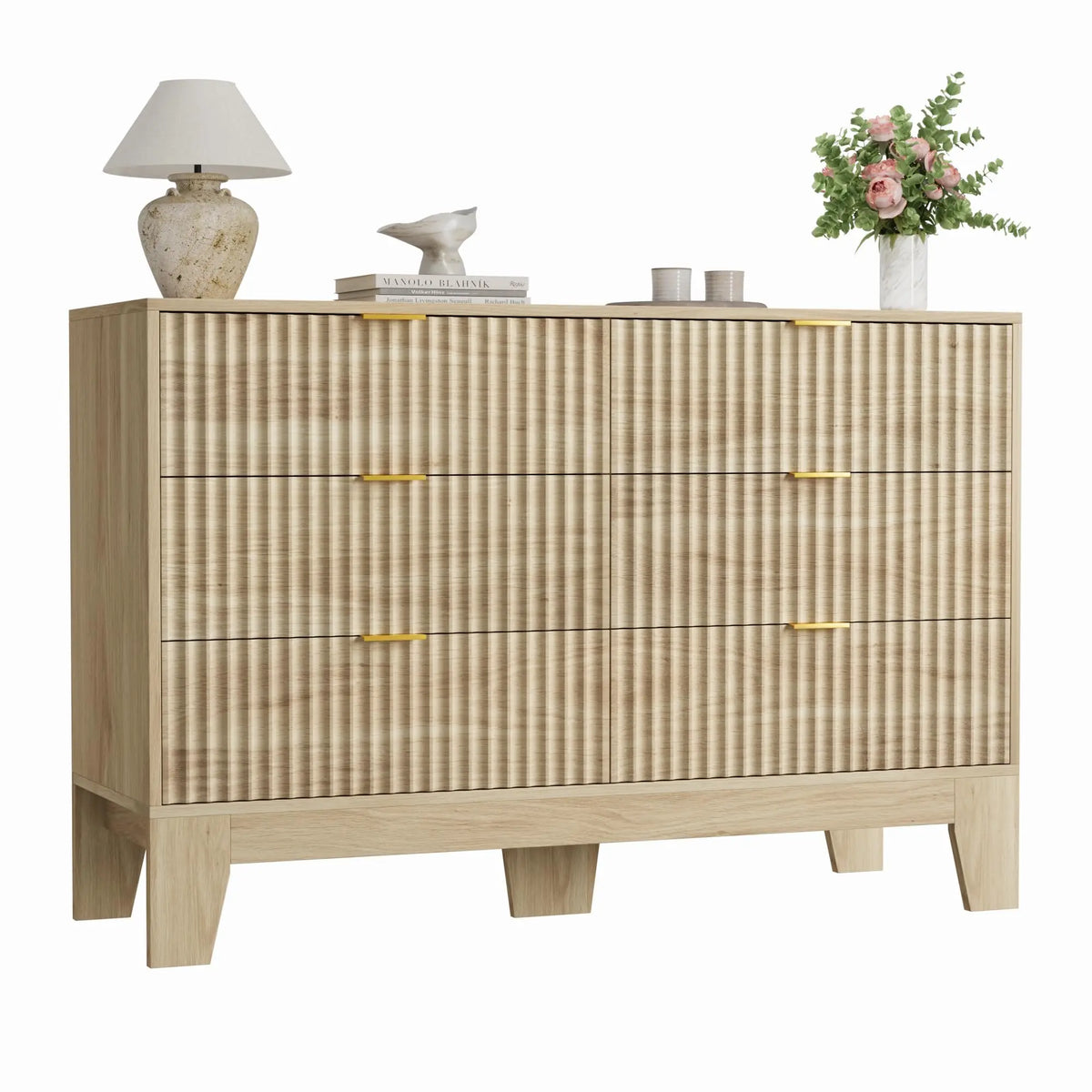 Modern Fluted 6-Drawer Dresser — 47" Wide Oak Chest