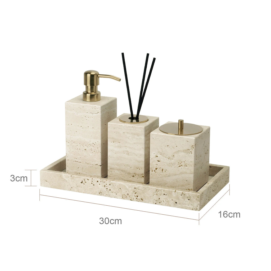 Travertine Bathroom Accessory Set — Soap, Tray & Tissue Box