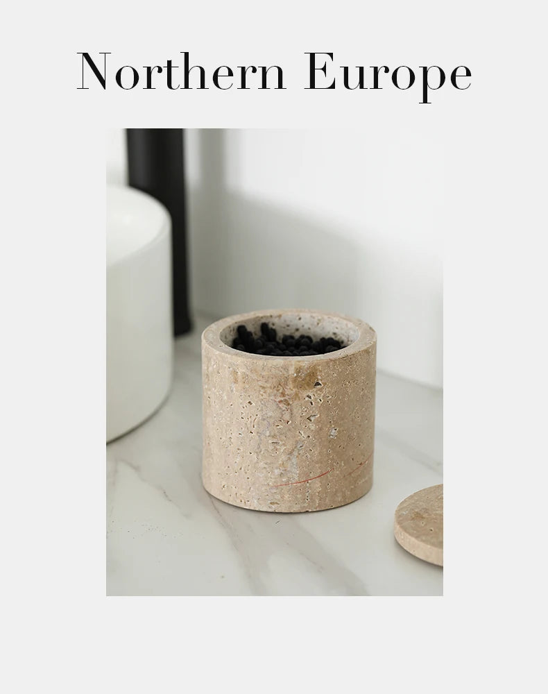 Travertine Cotton Swab Holder — Round Marble Jar, 3.5"