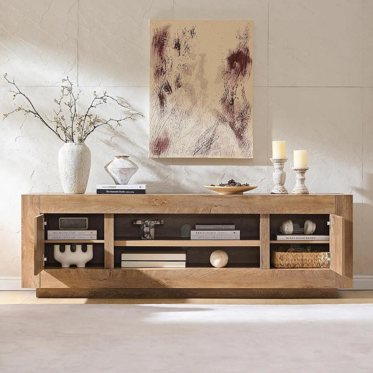 OKD thick block TV stand in light knotty oak finish