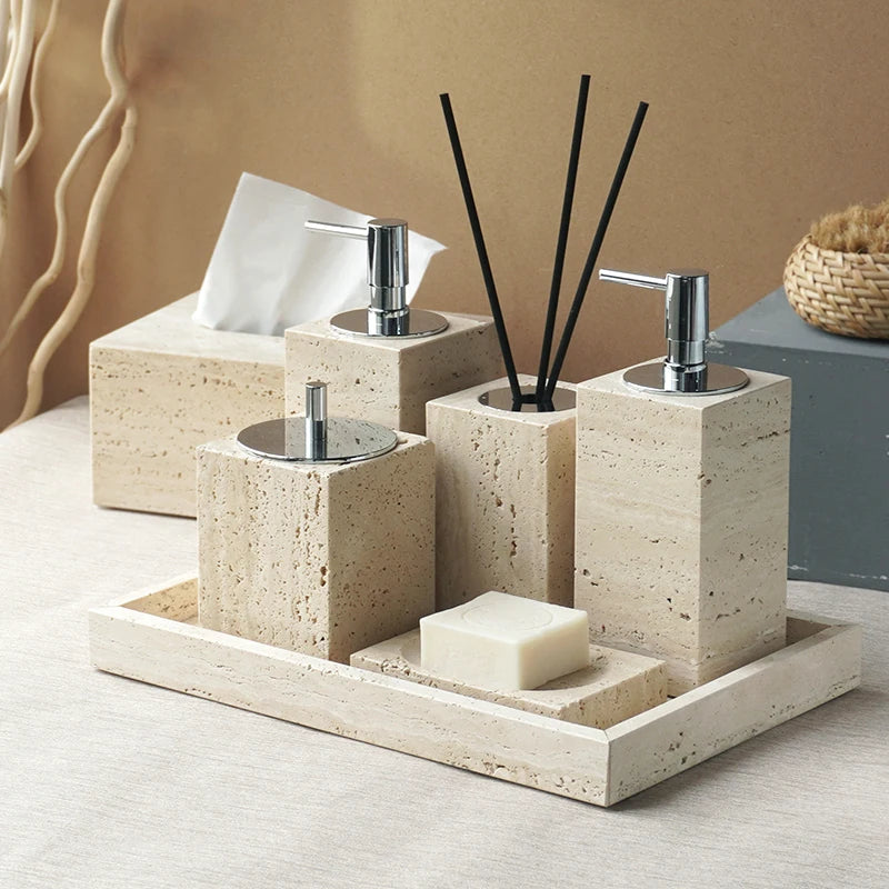 Travertine Bathroom Accessory Set — Vanity Tray & Diffuser, 9-Piece