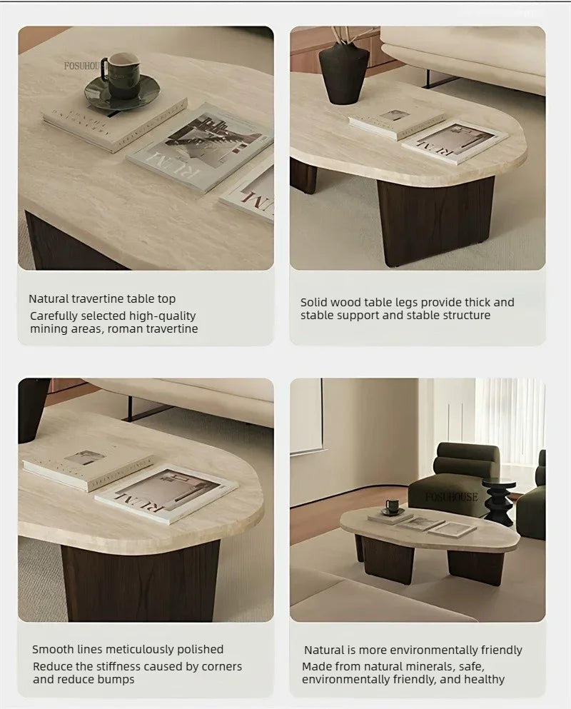 Natural wood low-profile coffee table — side detail view