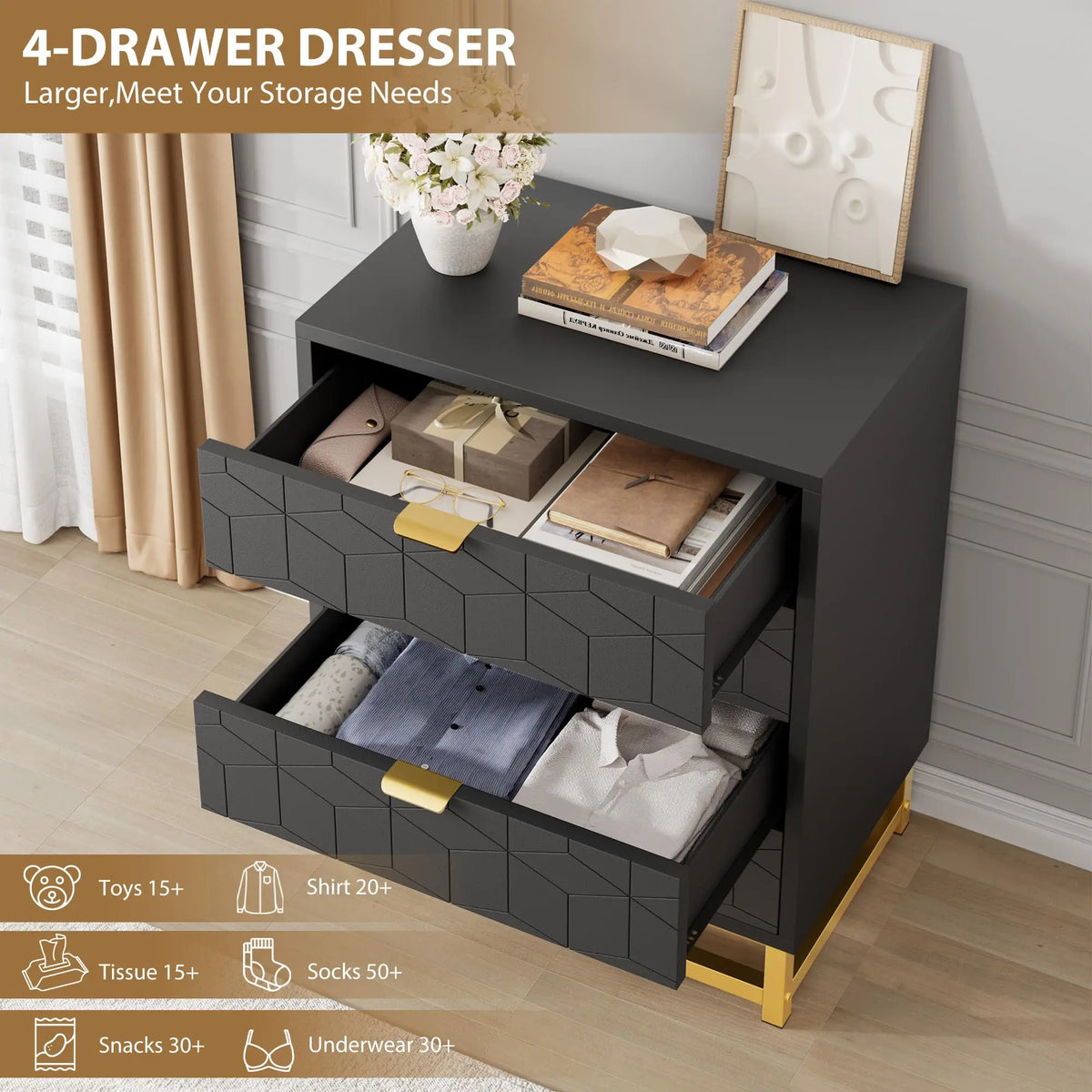 Modern 4-Drawer Dresser — Gold Metal Handles