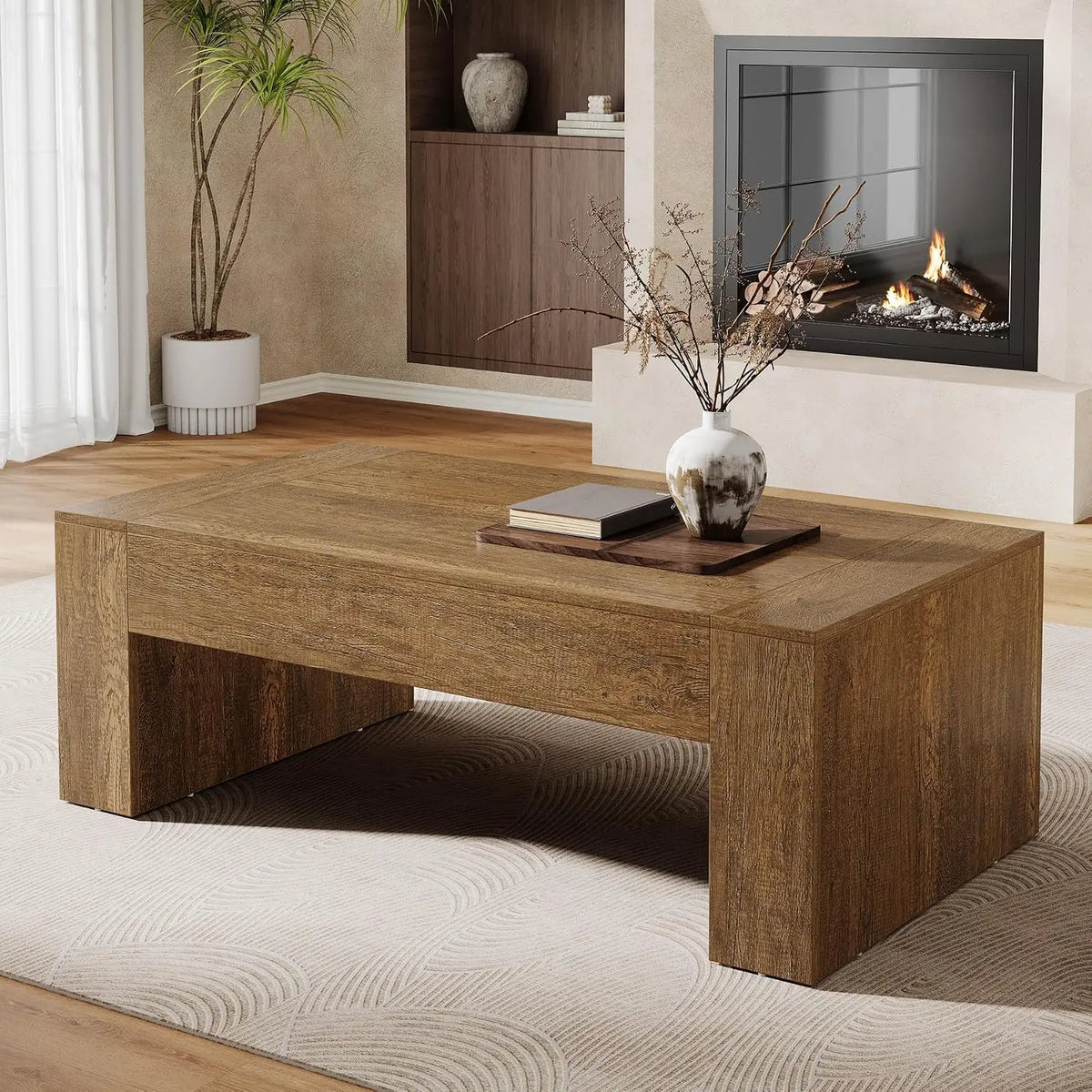 Farmhouse coffee table with sturdy base in rustic brown