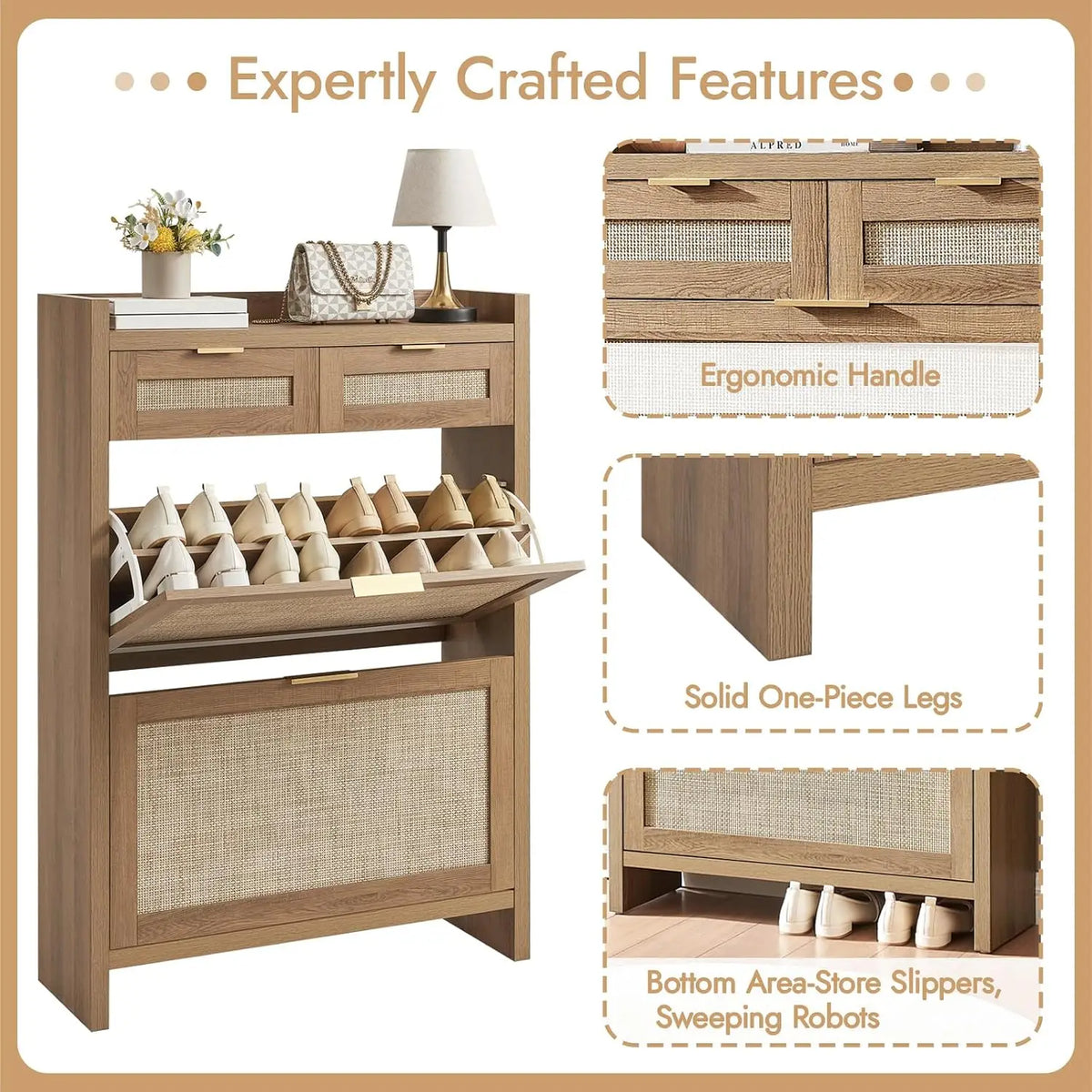 Rattan shoe storage cabinet with flip-front drawers