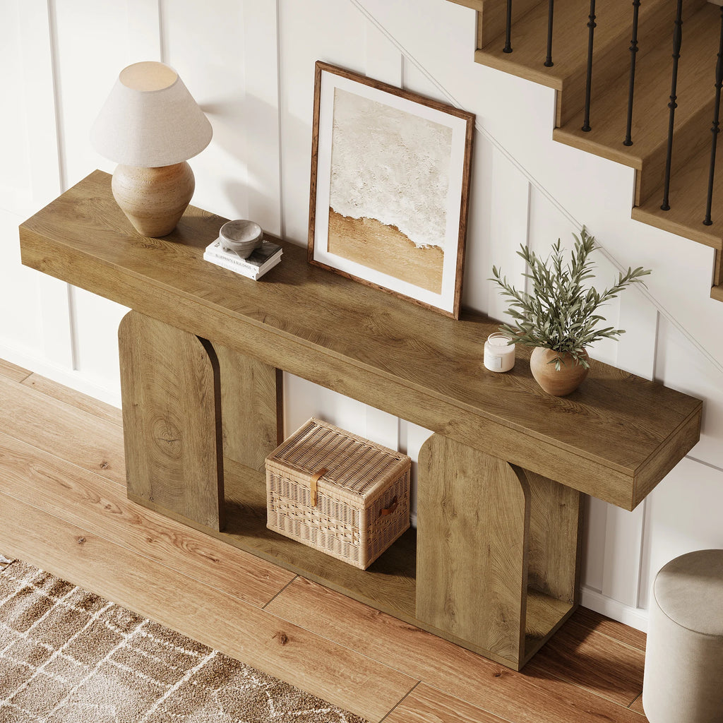 Tribesigns farmhouse console table with U-shaped wood base in an entryway