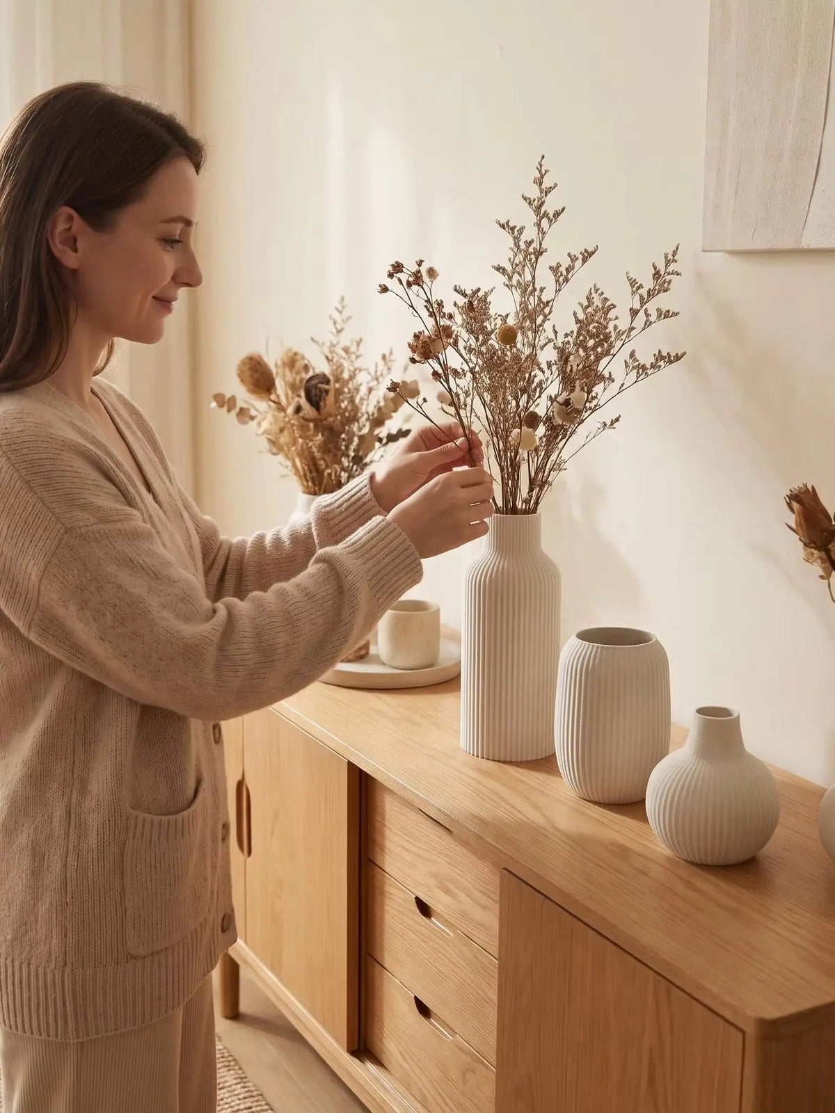 Vertical-Striped Embossed 3-Piece Vase Set — Matte PLA