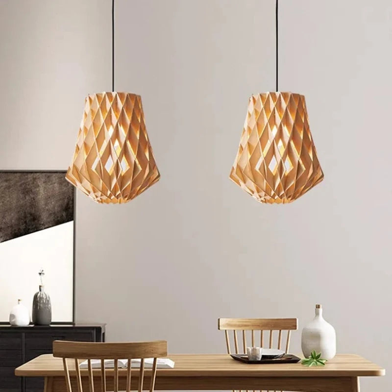 Japanese Style Wooden Birdcage Bar Pendant Light Creative Tatami Lamp Design LED Bedroom Lighting with Shadow Art — detail view