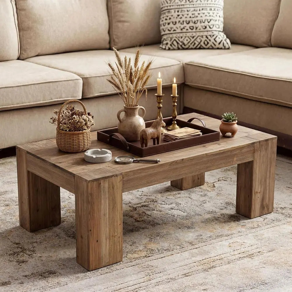 Sturdy wooden coffee table with thick legs in brown finish