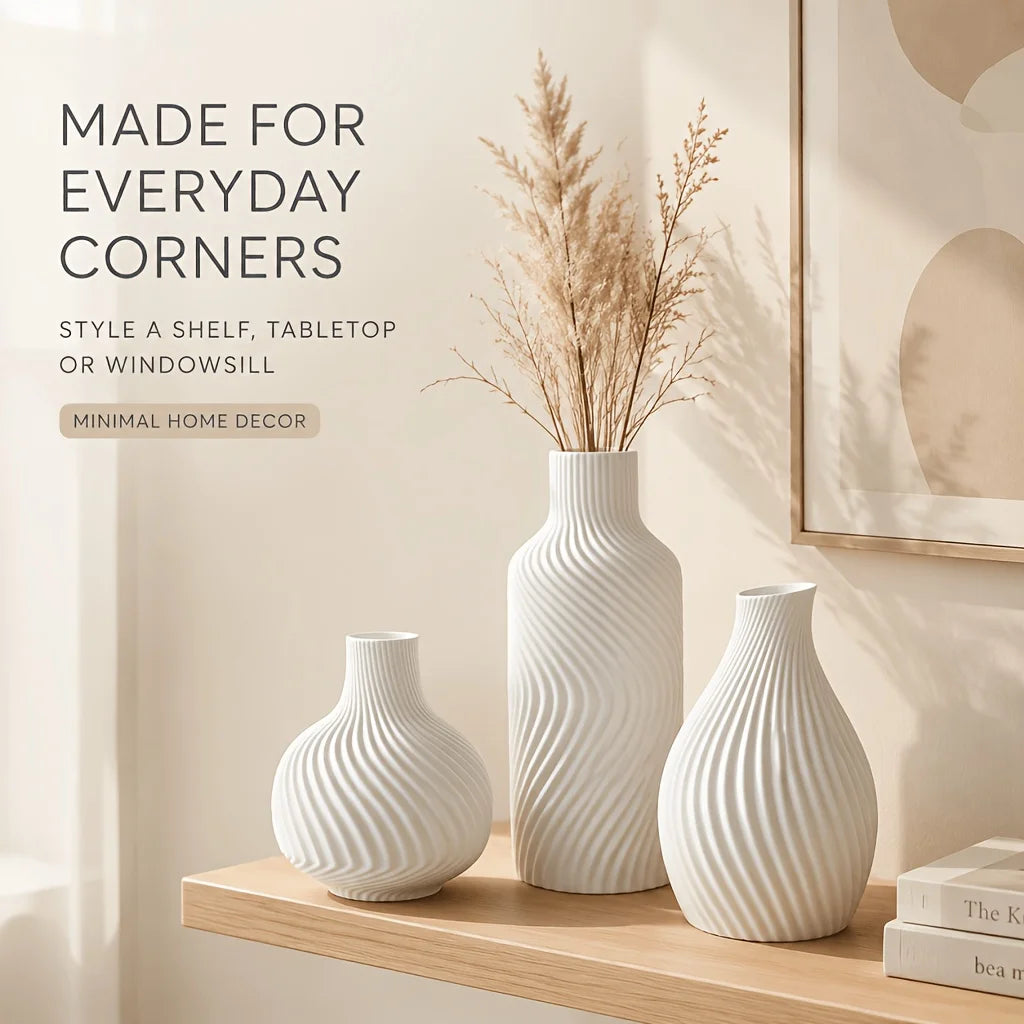 Wavy Swirl 3-Piece Vase Set — Matte Beige